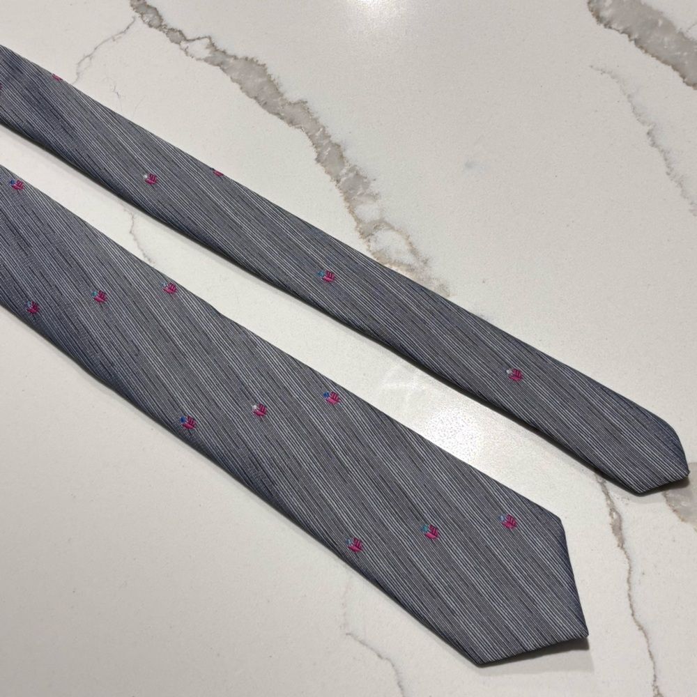Sergio Valente Gray Silk Blend Tie Pink Embroidered Dots Men’s Formal Wedding